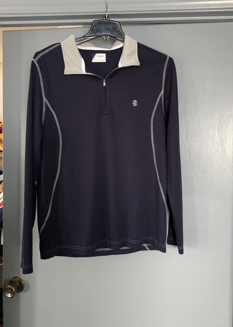 Izod Golf Men's Black 1/4 Zip Long Sleeve Logo Pullover Size L gray trim knit